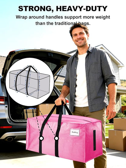 HOMESURE Supports 200lbs Heavy Duty Moving Bags - Strong Zipper & Wrap-Around Handles - Water-Resistant Storage Totes, Durable Alternative to Moving Boxes - 12 Pack - Pink