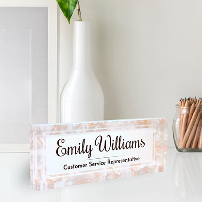 Customized Clear Acrylic Thick 8x3" Desk Name Plate Block with Personalized Logo - Professional Office Decor - Customized Acrylic Plate Gift for Teacher Co-workers (Mother of Pearl)