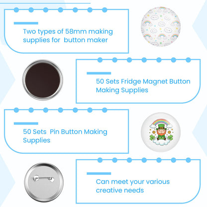Wavwavw 100 Sets 58mm/2.25 Inch Round Button Maker Supplies, 50 Pcs Blank Fridge Magnet Badge Parts and 50 Pcs Pin-Back Badge Parts Press for Square Button Maker Machine, DIY Gift Crafts