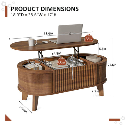 LYNCOHOME Fluted Lift Top Coffee Table with Storage,Modern Oval Coffee Table for Living Room or Home Office（Walnut）