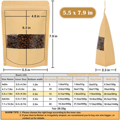 Blisstime 50 Pack Kraft Paper Stand Up Pouch Bags, Resealable Bag with Transparent Window and Tear Notch for Multipurpose Storage (5.5 X 7.9 Inches)