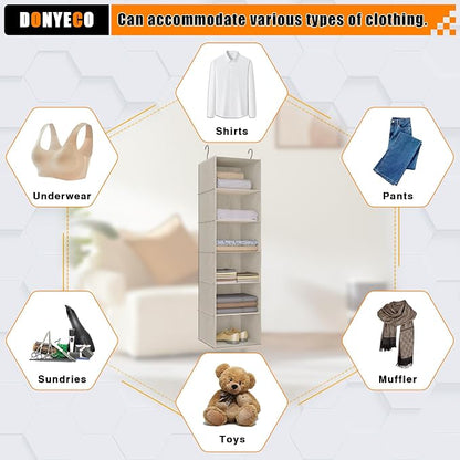 Hanging Closet Organizer 6-Tier, Oxford Wardrobe Storage, Beige Houndstooth | Easy-mount foldable design holds clothes, handbags, shoes & accessories; washable Oxford fabric, sturdy and space-saving.