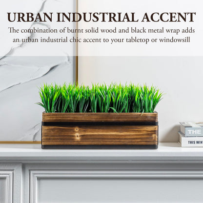 MyGift 14 Inch Artificial Green Grass Plant in Rustic Burnt Wood Planter Box with Industrial Black Metal Accents, Realistic Greenery Tabletop Centerpiece