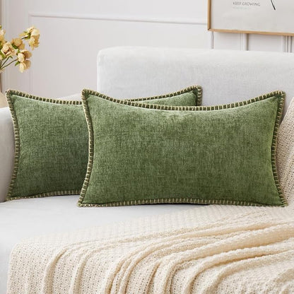 MIULEE Pack of 2 Lumbar Throw Pillow Covers 12x20 Inch Sage Green Farmhouse Decorative Pillow Covers with Stitched Edge Soft Chenille Solid Dyed Summer Pillow Covers for Couch Sofa Bed Living Room