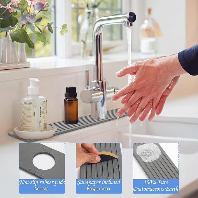 Stone Faucet Mat for Kitchen Sink- 15.6''x 3.9''Diatomite Fast-Drying Faucet Mat