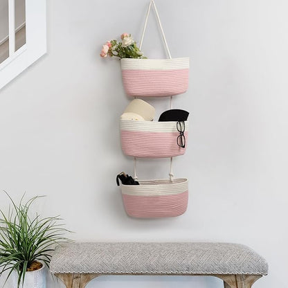 TeoKJ Over the Door Organizer, 3-Tier Woven Cotton Hanging Kitchen Baskets