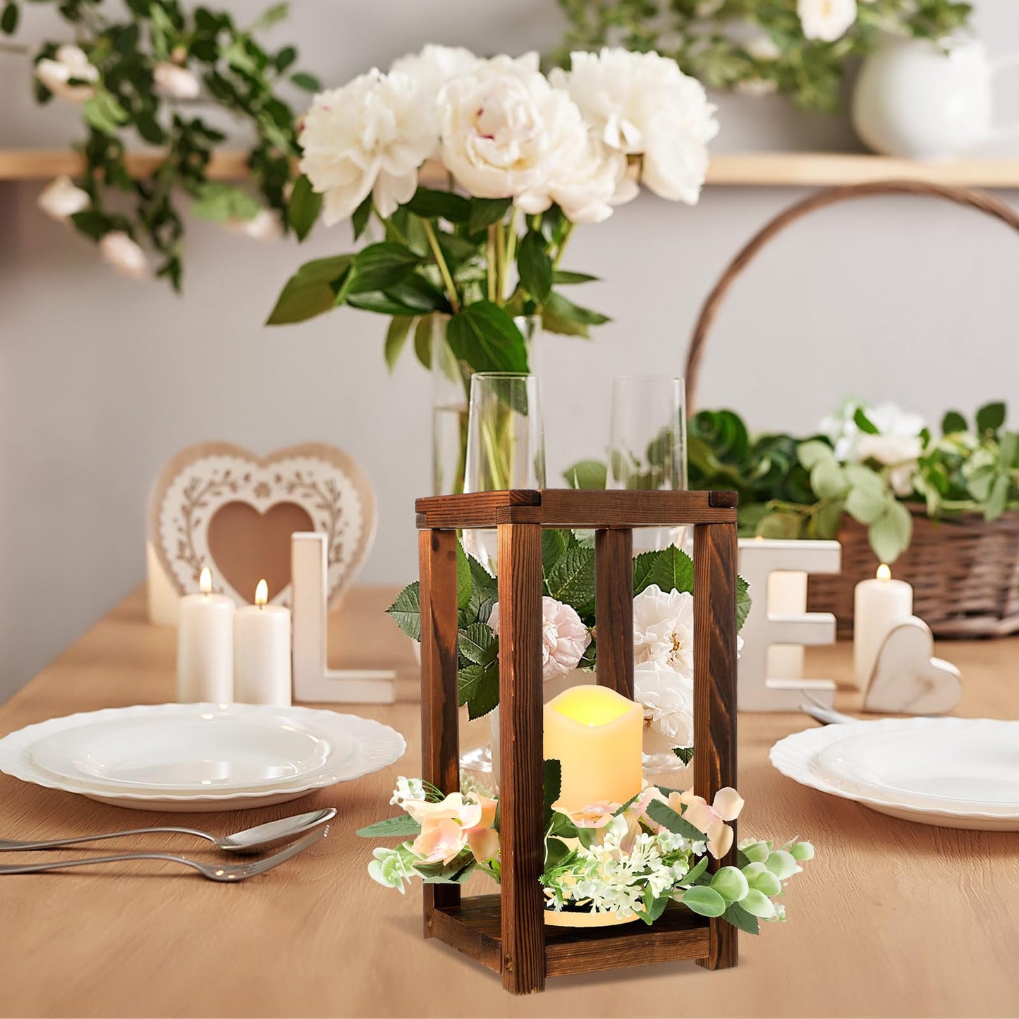 Hushee 30 Pcs Wooden Wedding Lantern Centerpiece Integrated Holders with Candles and Wreaths Rustic Wooden Candle Lantern Decor for Wedding Party Table Valentine Decor (Brown)