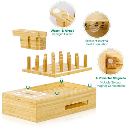 Bamboo Wireless Charging Station for Multiple Devices - Wood Docking Station Organizer, Qi Certified Fast Wireless Charger, 7 USB Charging Ports for Cellphone, Smart Watch, Earbuds, Tablet