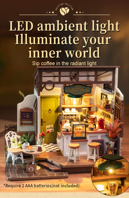 Rowood Coffee Miniature House Kit, Mother's Day DIY Miniature Dollhouse Kits for Adults to Build, Wooden Mini House Model Kits Adults Crafts with LED, Gift on Christmas Birthday for Family-NO.17 Cafe