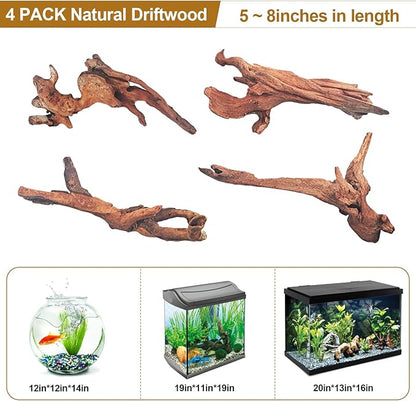 Natural Driftwood Decor for Aquarium Decorations Reptile Tank Accessories, Assorted Wood Branches Decorations on Reptile Fish Tank 2-10" 2 Pcs/4 Pcs/ 5 Pcs/ 6 Pcs (Pack of 4 (5. to 8 Inch))