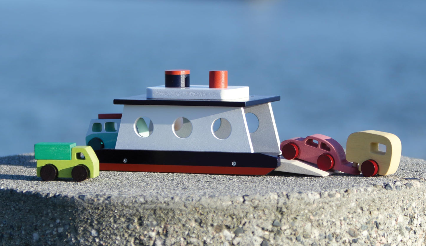 Mentari Toys - Car Ferry - Wooden Boat Set with 4 Vehicles - Includes Car, Caravan, Campervan, and Truck - Interactive Loading & Unloading Toy for Fine Motor Skills, Gift for Toddlers Age 3+