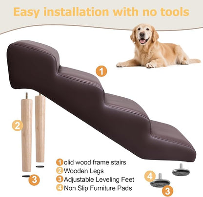 4-Step 18" H Dog Stairs for Bed Couch, Waterproof & Scratch PU Leather Pet Steps for Small Senior Dogs and Cats, Dog Ramp with 220 lbs Maximum, Oak Leg & Solid Wood, Non-Slip Feet,Brown