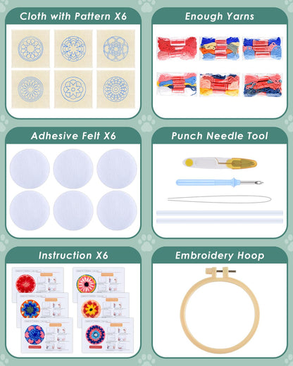 ERKOON Punch Needle Coasters Kit Adults Beginners, 6 Pcs DIY Easy Coaster Embroidery Set for Starter Art Craft, Needling Punching Project with Patterns, Tools, Yarns, Hoop, Instruction