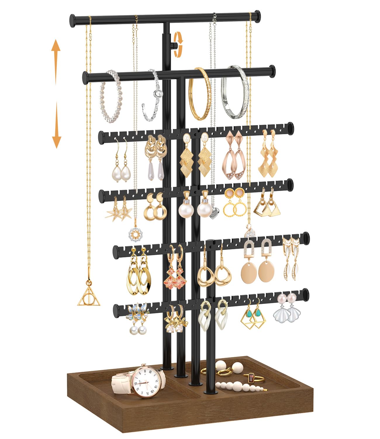 MODOWEY Necklace Holder Organizer Earring Display Stand with Wooden Tray, Metal Adjustable Bracelet Tree Rack for Women Vendor Selling, 6 Tier Tall T Bar Large Storage Tower for Find Jewelry In Second