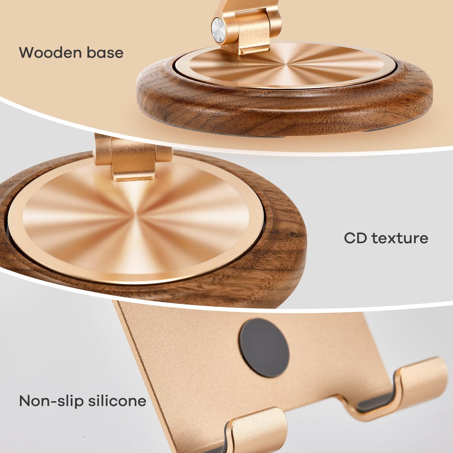 blingwider Dual Folding Phone Desk Stand,Adjustable Phone Stand,Phone Stand for Desk,Foldable Wood Phone Holder,Beside Phone Holder,Wood,Rose Gold