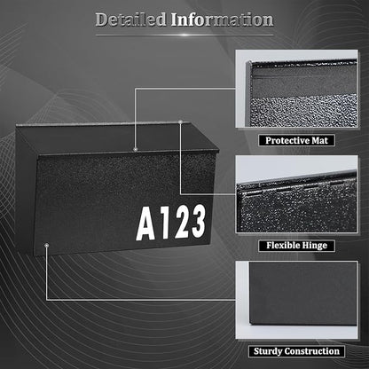 Dalmbox Wall-Mount Mailbox Large Mailbox for Post Rust-Proof Galvanized Steel Box for Outside or Townhouse Horizontal Style, Black, 15.7” x 4.3” x 9.4”