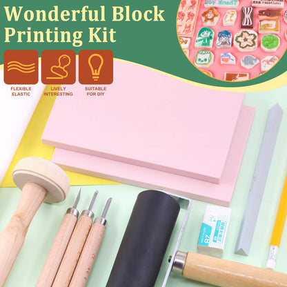 Keadic 41 Pieces Rubber Stamp Making Kit, Includes 2 Rubber Stamps Carving Blocks, 3 Carving Tools & Whetstone, Tracing Papers, Brayer Roller, Block Printing Tools for Stamp Carving and Printmaking