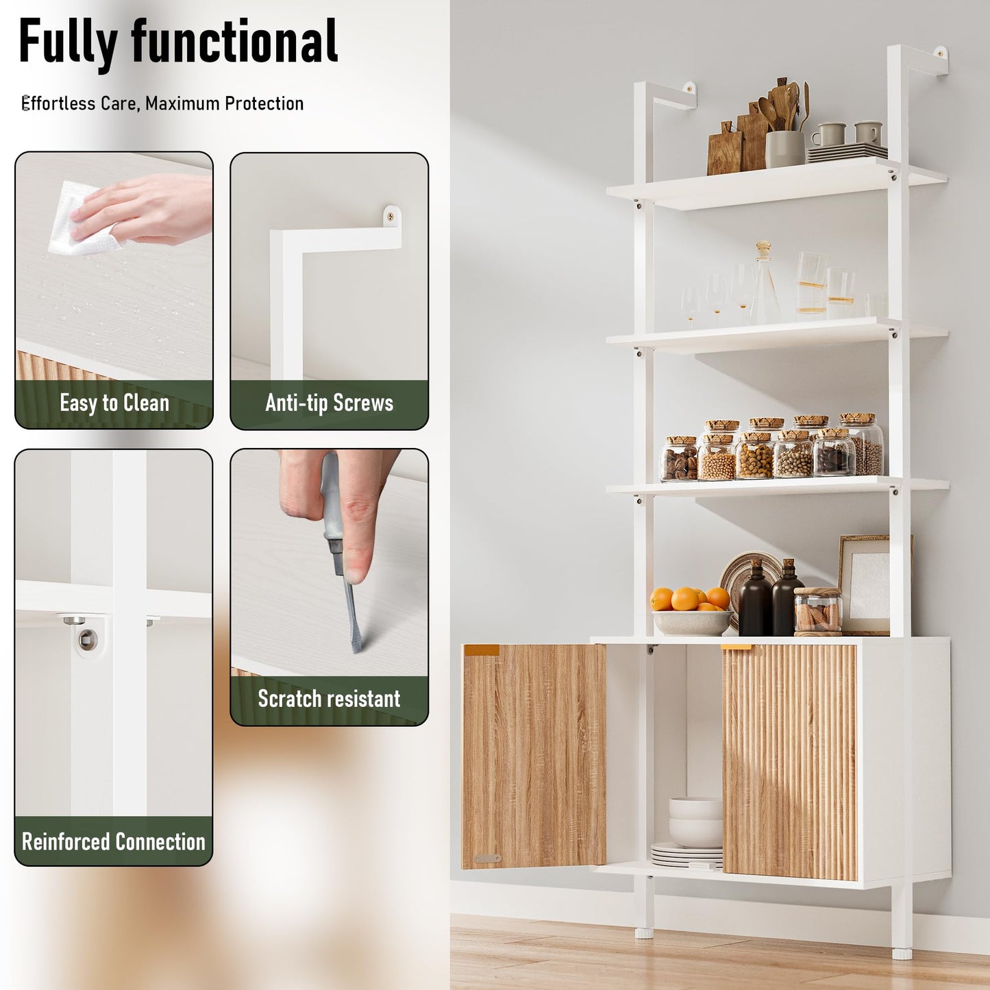 INNOD 74" Tall Bookshelf with Storage Cabinet, Modern Ladder Shelf with Wood and Metal Frame, Wall Mount Bookcase Open Display Shelf Furniture for Living Room, Bedroom, Home Office, White and Oak