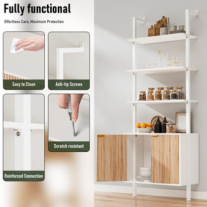INNOD 74" Tall Bookshelf with Storage Cabinet, Modern Ladder Shelf with Wood and Metal Frame, Wall Mount Bookcase Open Display Shelf Furniture for Living Room, Bedroom, Home Office, White and Oak