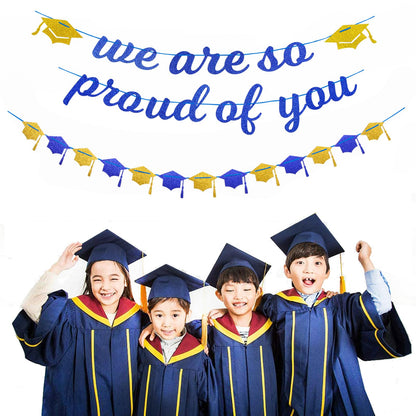 Navy-Blue White-Gold Party-Decoration Graduation Banner - 8pcs Kits Cap Garland Streamers, Paper Tissue Pom Poms Flowers,We are So Proud of You Grad Graduation 2026 Decor Lasting Surprise