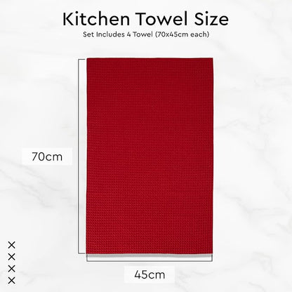 Encasa XO Kitchen Dish Towels Set | Red | Waffle Weave and Flat Hand Tea Towel