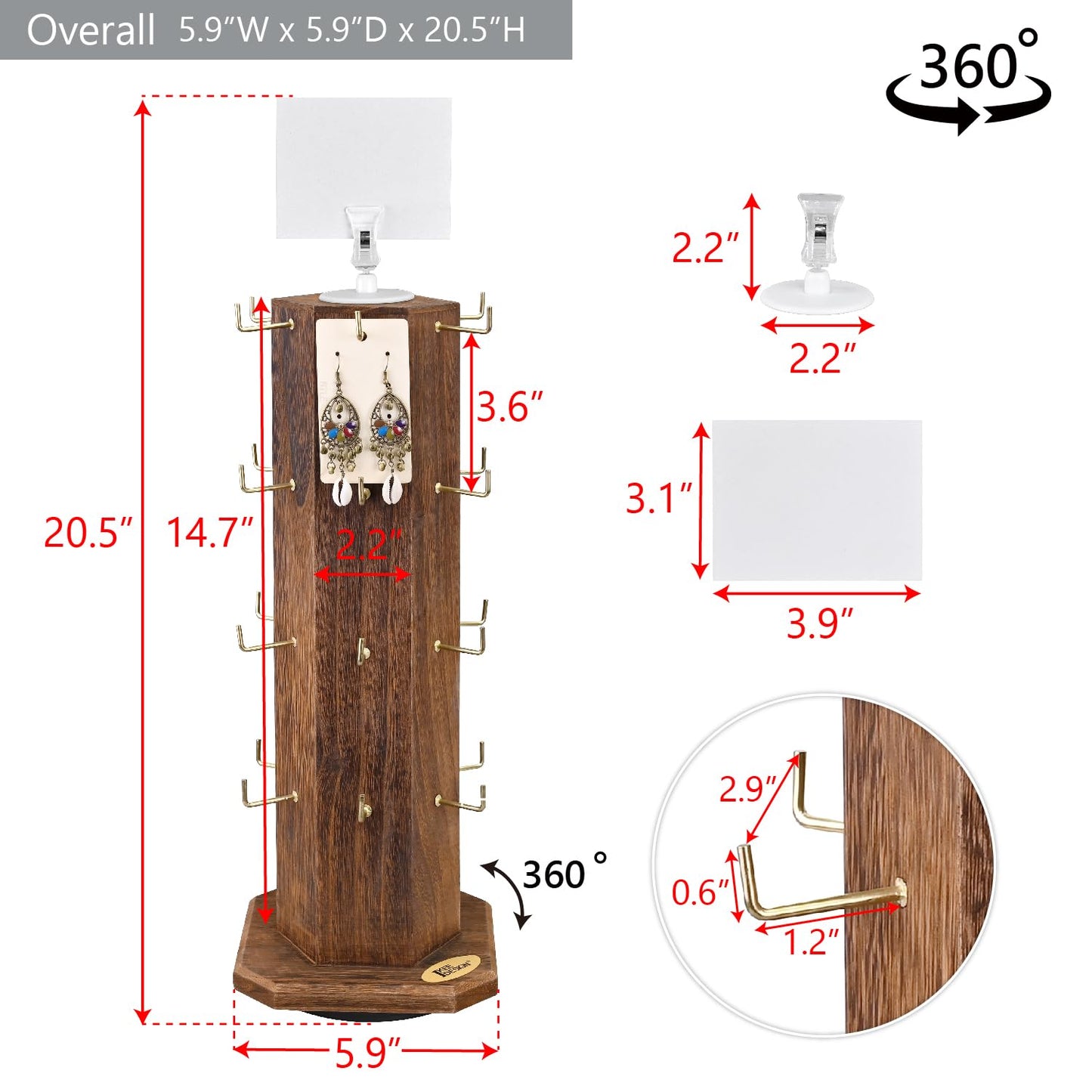 Ikee Design Free Assemble 24 Hooks Wood Hexagon 6 Sided Rotating Jewelry Display Stand Tower for Earrings,Bracelets, Keychain Earring Display Stand for Selling, Showcase, Brown Color