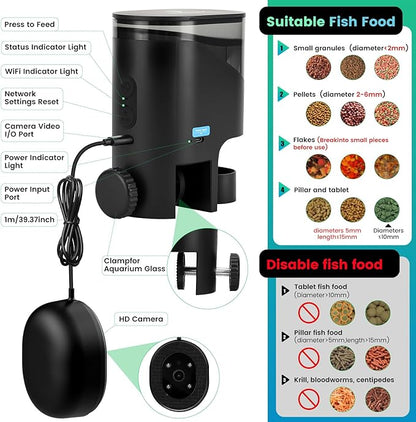 fishkeeper Automatic Fish Feeder for Aquarium Flakes, WiFi (2.4G/5.0G) & APP Control - Auto Fish Food Dispenser/Betta Fish Feeder with HD 2.5K Camera and Timer, Aquarium Feeder for Turtle Koi Tanks
