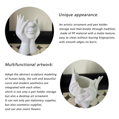 Abstract Human Body Art Tabletop Sculpture Makeup Brush Holder & Office Desk Pen Holder, Multi-Use Home Office Desk Decor, White Face Figurine Gift for Women Men