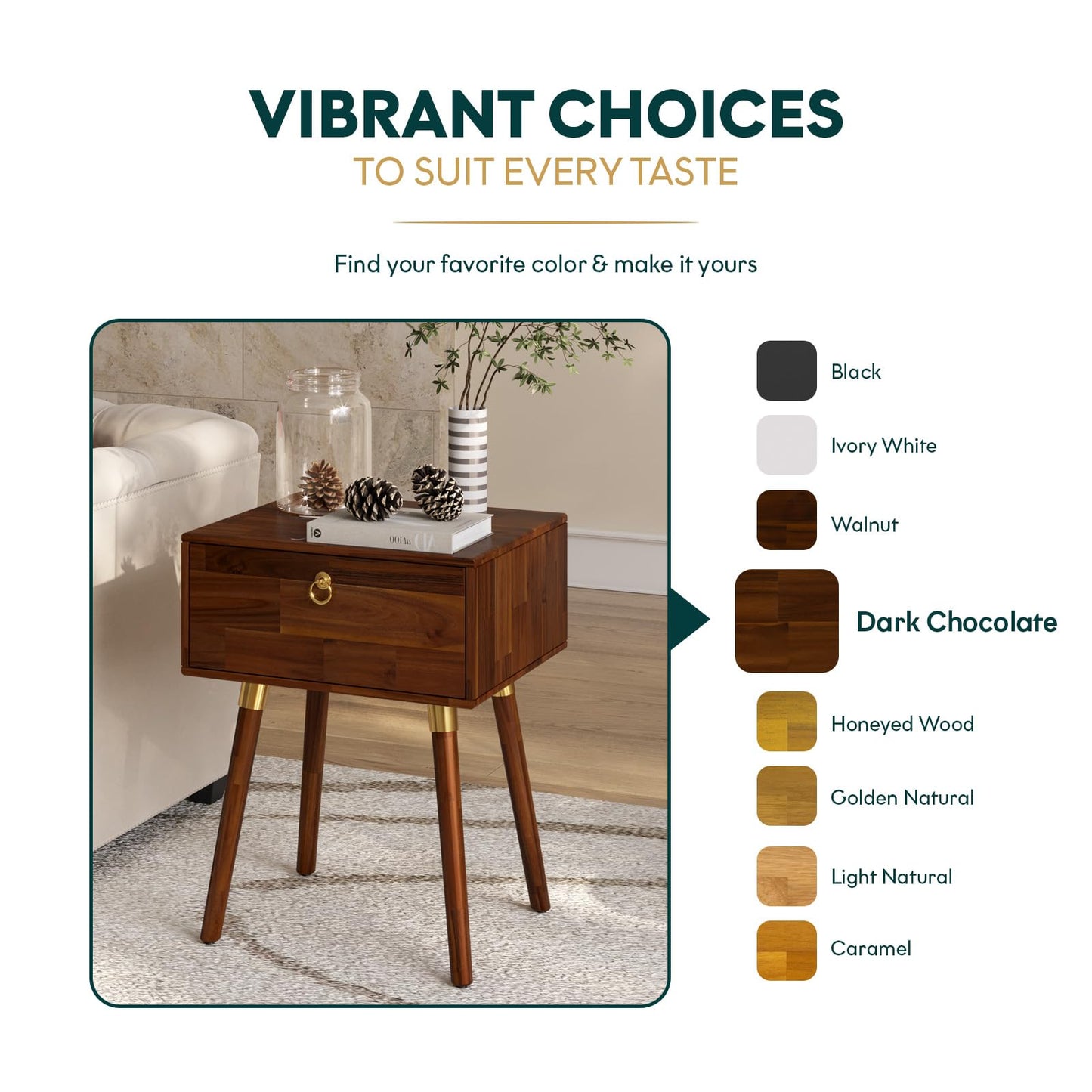 Bme Alden Solid Wood Nightstand/Side Table/End Table, Fully Assembled, with 1-Drawer for Mid Century Bedroom and Living Room, (12mm), Dark Chocolate
