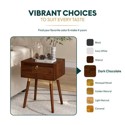 Bme Alden Solid Wood Nightstand/Side Table/End Table, Fully Assembled, with 1-Drawer for Mid Century Bedroom and Living Room, (12mm), Dark Chocolate
