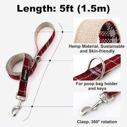 Plutus Pet Cotton Hemp Dog Collar and Leash Set, Adjustable Collar for Small, Medium, and Large Dogs, Heavy Duty and Soft on Skin, Red Plaid, S
