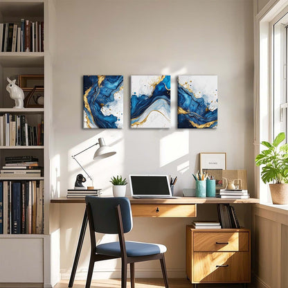 ZQARTZZQ 3 Piece Framed Wall Art Abstract Wall Decor Navy Blue and Gold Pictures Marble Foil Canvas Art Modern Minimalism Paintings Artwork For Living Room Bedroom Office 12x16in