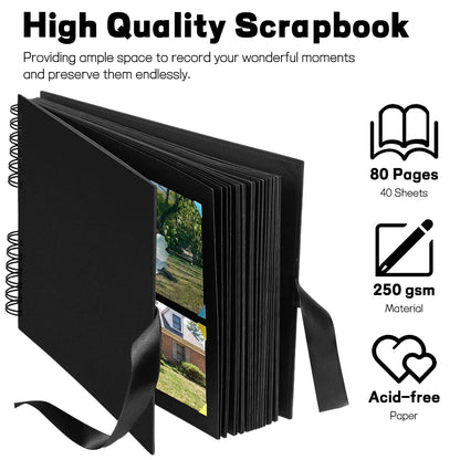 Mauproy 11.5 x 8.5 Inch Black Scrapbook Album, 80 Pages Photo Album with Black Pages, Kraft Paper Hardcover Memory Book with DIY Accessories Kit for Graduation Wedding Travel