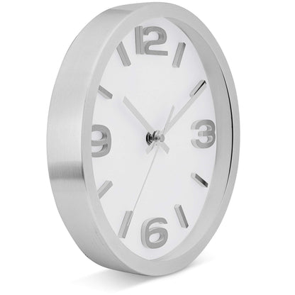 Bernhard Products Modern Wall Clock 10 Inch Silver Silent Non Ticking Battery Operated Round Elegant Metal Quality Quartz for Kitchen Home Office Clock with 3D Numbers, Easy to Read