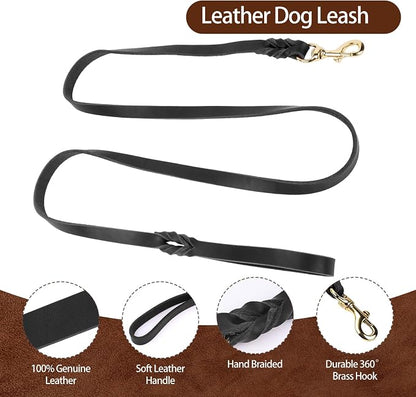 Leather Dog Collar and Leash Set, 5FT Heavy Duty Leather Training Leash with Adjustable Dog Collar, Soft and Durable Dogs Leashes and Collars Set for Small Medium Large Dogs (Black, S)