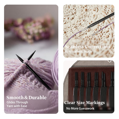 Interchangeable Circular Knitting Needles Set Aluminum 9 Sizes (3.0-6.0mm) Aluminum Circular Needles Kit with Cables, Tapestry Needles & Accessories Portable Craft Tools