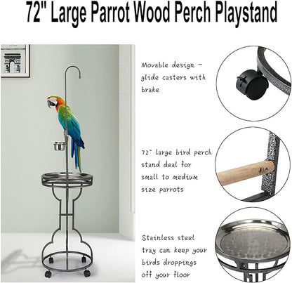 COZIWOW 72" Parrot Stand,Stainless Steel Tray Bowls Large Bird Playstand,Parrot Perch with Easy Grip,Wrought Iron Bird Stand with Toy Hook,Macaw Play Gym Ground Stand Rolling Wheel,Pet Gift