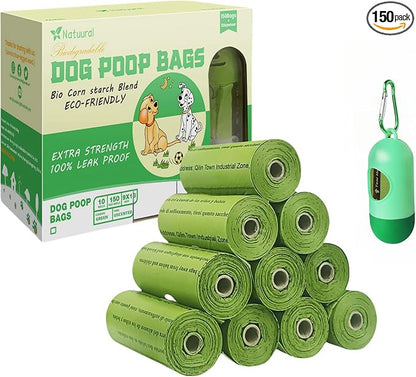 Dog Poop Bags-150 Counts with Leash Dispenser (10 Rolls), Biodegradable Poop Bags, Eco-friendly and Easy to Open, Thick Dog Waste Bags (Green)