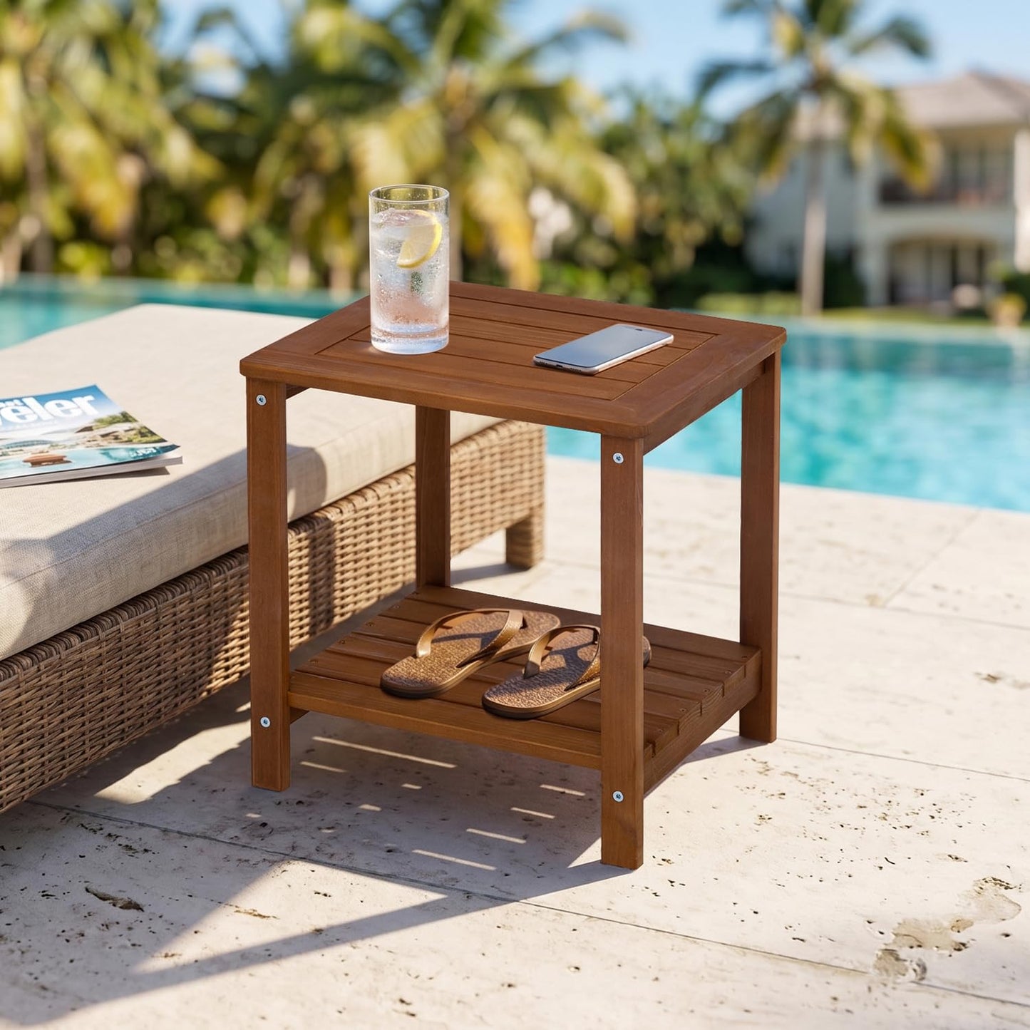 PHOARTS Solid Fir Wood Outdoor Side Table,2 Tier Small Patio End Table with Slatted Storage Shelf,Wooden Accent Table for Porch,Poolside,Garden,Living Room, Bedroom, 16.5 x 12.7 x 17 in,Brown