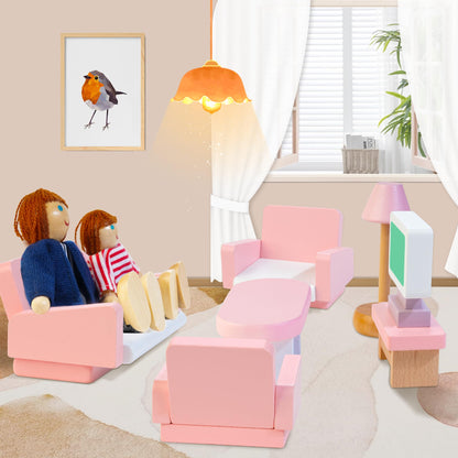 Kizfarm Wooden Dollhouse Furniture Set and Wooden Vanity Set for Kids