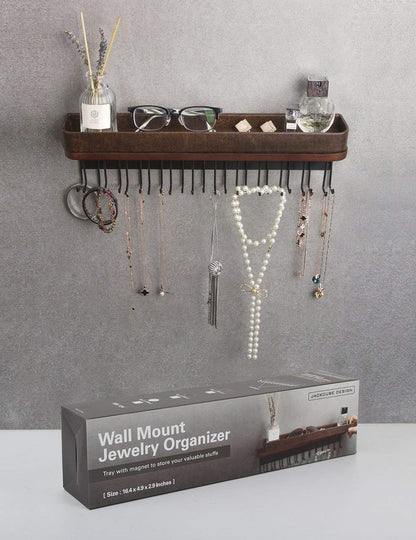 J JACKCUBE DESIGN Necklace Holder Wall Mounted Jewelry Organizer for Bracelet, Earrings and Rings with 25 Hooks - Room Decor Bedroom Boho Shelf Rack (Brown) - MK124A