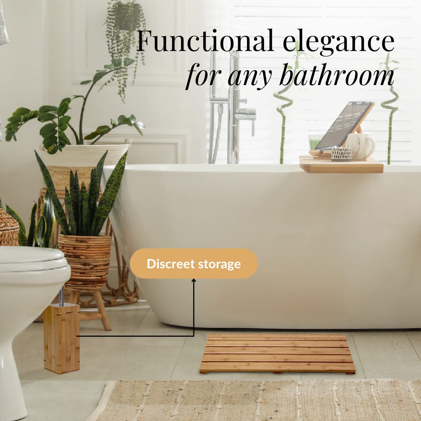 GOBAM Bamboo Toilet Bowl Cleaner with Holder for All Toilet Types - Hidden Stainless Steel Toilet Brush - Bathroom Cleaning Brushes - Toilet Accessories - Natural