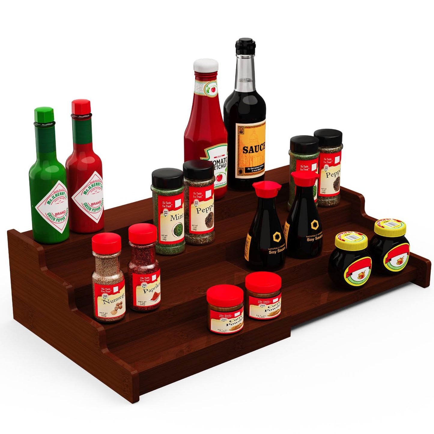 Spice Rack Organizer for Cabinet, 4 Tier Expandable Spice Rack, Bamboo Spice Organizer for Kitchen Cabinet, Pantry and Countertop Organization, Set of 2- Brown