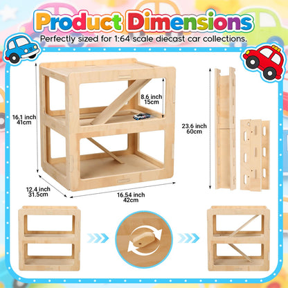 Essenhome Wooden Toy Car Display Case Compatible with Hot Wheels & Matchbox, 1/64 Scale Parking Garage Storage with Foldable Racing Ramp, Easy Pin-Style Assembly Shelf for Kids Room Decor (Large)
