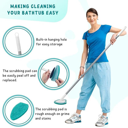 Shower Scrubber with Long Handle, Bathroom Tub and Tile Cleaning Tool with 6
