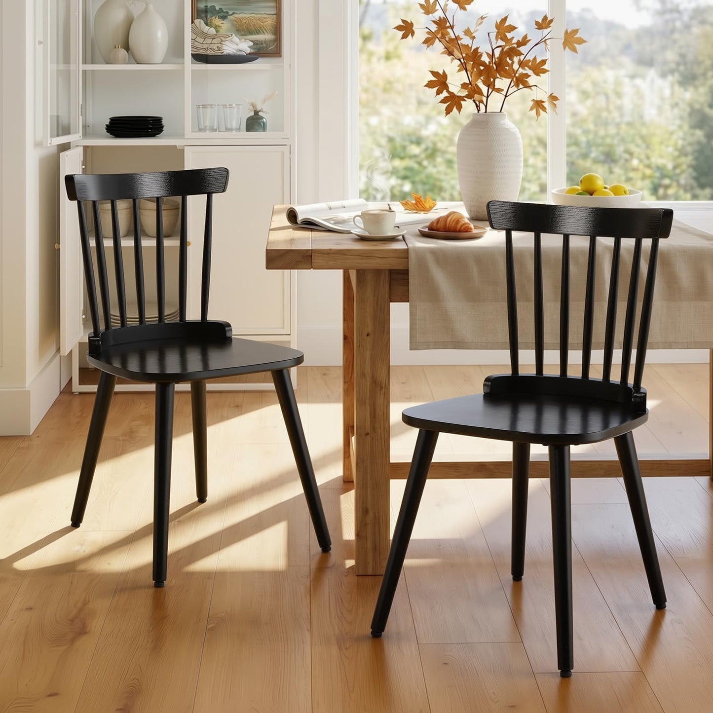 WOOW DEPOT Black Dining Chairs Set of 2, Farmhouse Windsor Spindle Back