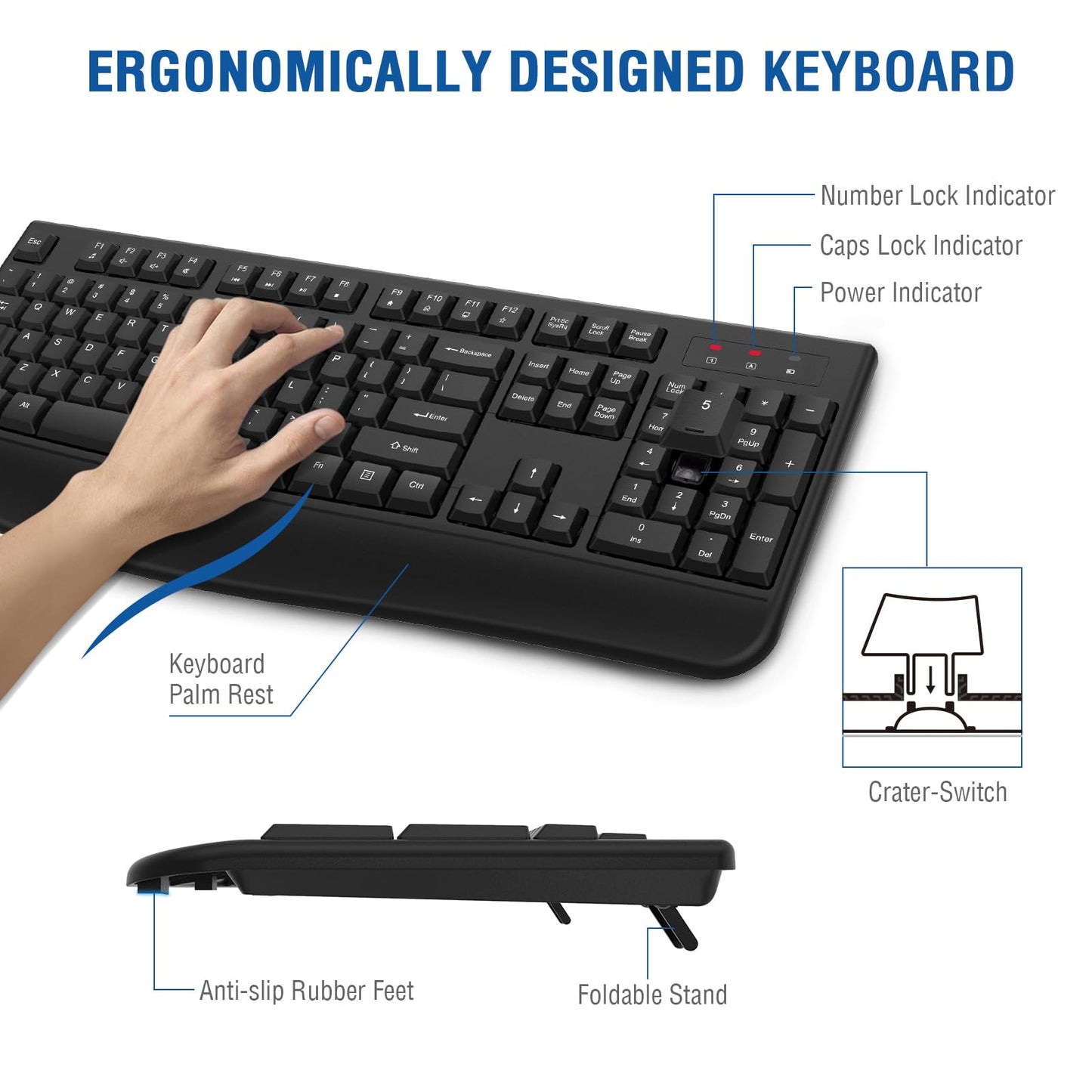 Wireless Keyboard and Mouse Combo, EDJO 2.4G Full-Sized Ergonomic Computer Keyboard with Wrist Rest and 3 Level DPI Adjustable Wireless Mouse for Windows, Mac OS Desktop/Laptop/PC