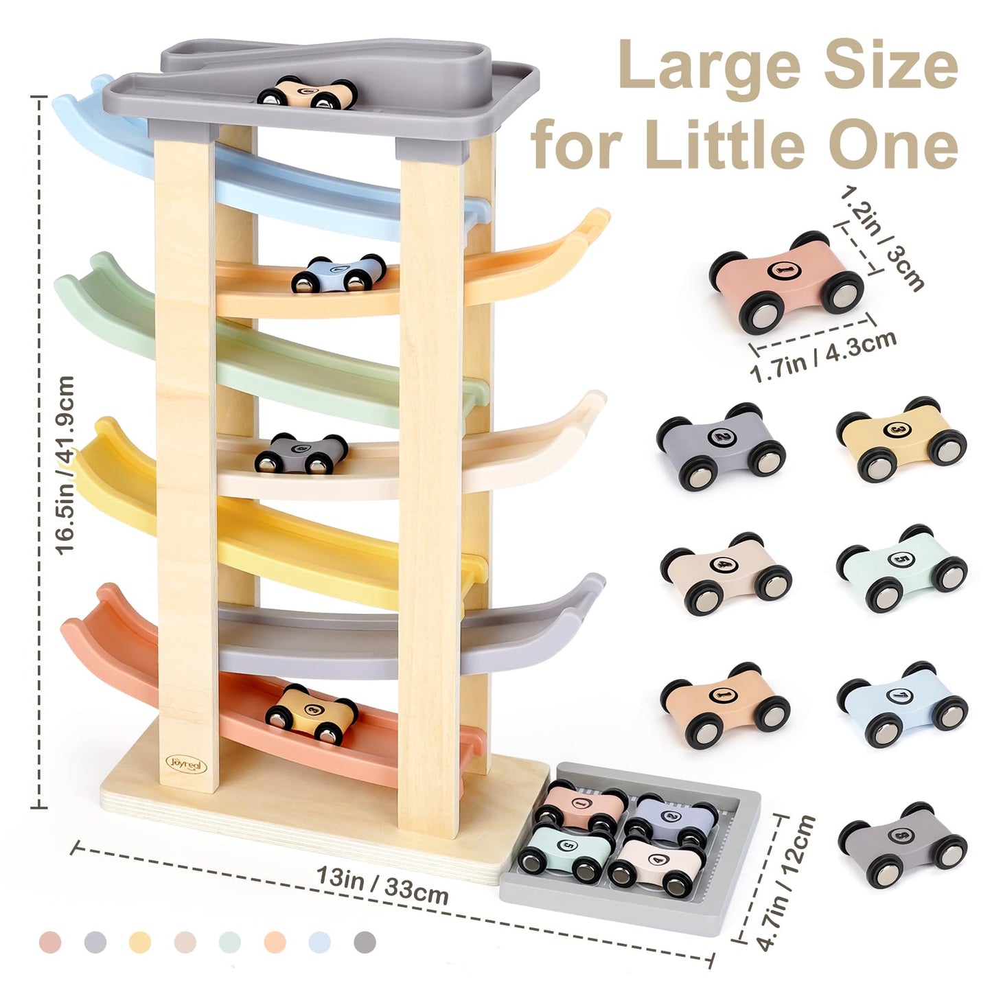Joyreal Montessori Toddler Toys for 1 2 3 Year Old - 7 Level Wooden Car Ramp Racer Toys with 8 Mini Cars & 2 Garages - Christmas Birthday Gifts for 1-2 Year Old Boys and Girls