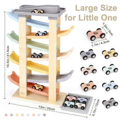 Joyreal Montessori Toddler Toys for 1 2 3 Year Old - 7 Level Wooden Car Ramp Racer Toys with 8 Mini Cars & 2 Garages - Christmas Birthday Gifts for 1-2 Year Old Boys and Girls