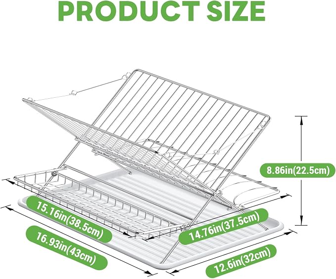 Stainless Steel Foldable Dish Drying Rack, 3 Tier Large Capacity Collapsible Folding Dish Drainer with Drainboard for Kitchen Counter (Upgraded)